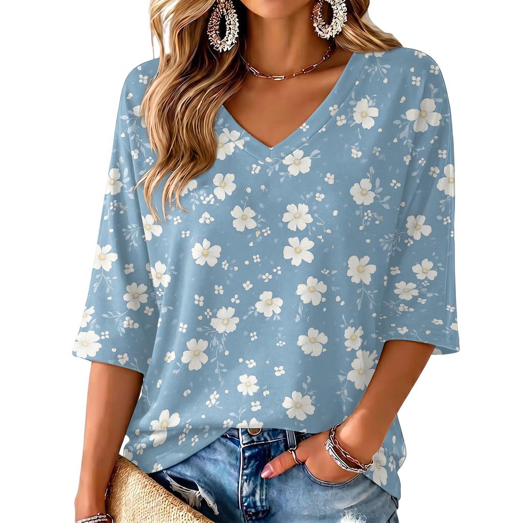 Women's V-Neck Print Lightweight Blouse for Spring and Summer