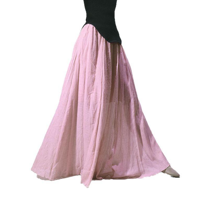 Women's Double Layer Cotton Linen Maxi Skirts Boho Solid Elastic High Waist Pleated A-Line Flowy Swing Long Maxi Skirts Soft Maxi Skirts for Women