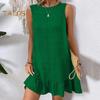 Sommerkleid mit Rüschensaum, locker, ärmellos, Rundhalsausschnitt, einfarbig, A-Linie, Minikleid für Strand, Verabredungen, Urlaub