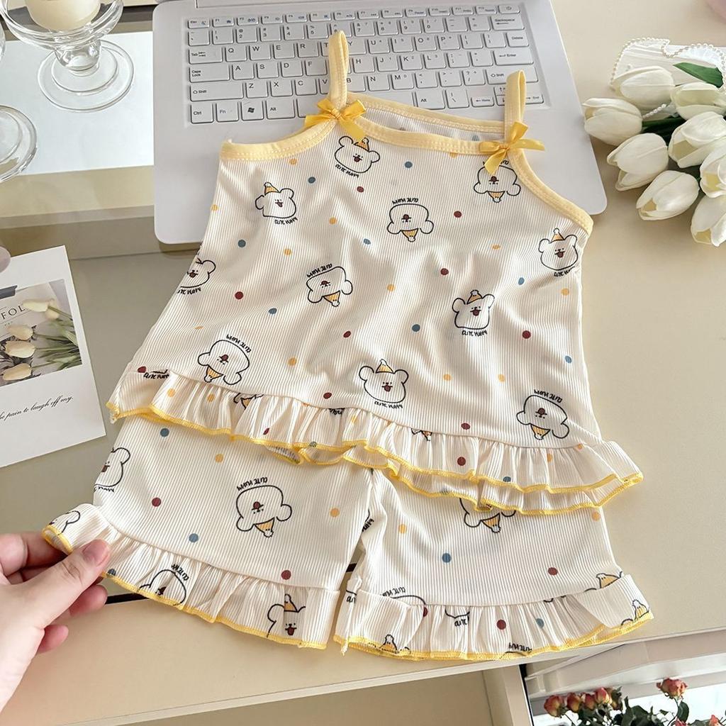 Summer Girls Floral Camisole Dress Set Thin Cartoon Sleeveless Princess Two Piece Outfit