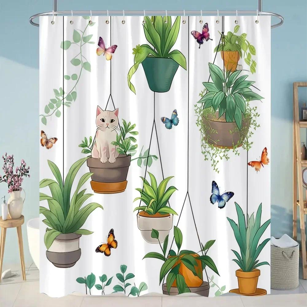 Sunflowers Lavender Shower Curtains Green Plants Popular Flowers Small White Daisy Butterflies Hanging Curtains Bathroom Decor