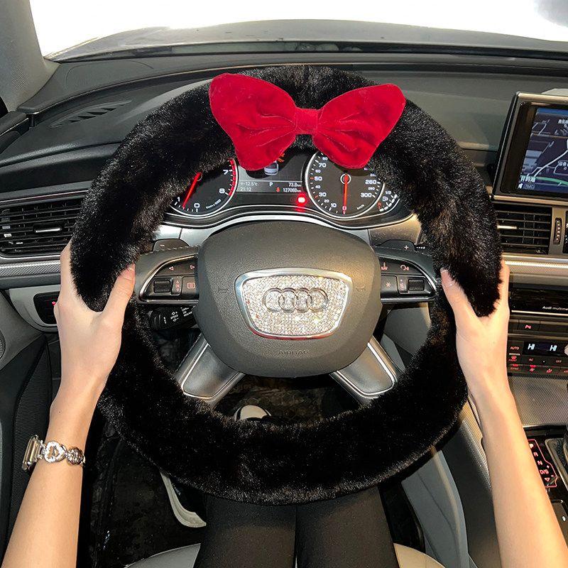 Car Steering Wheel Cover Winter Warm Plush Korean Cute Red Bow Non-Shedding Universal Handlebar Cover for Women