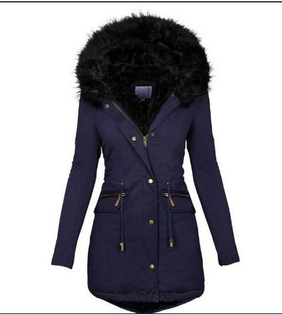 2024 Autumn/Winter Slimming Women's Solid Fur-Collar Hooded Mid-Length Warm Cotton Coat
