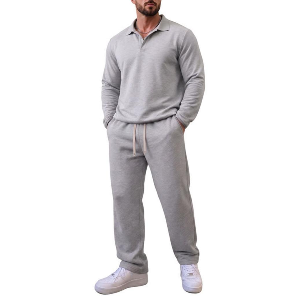 Men's Lapel Collar Long Sleeve Sweatshirt and Sweatpants Set Casual Loose Fit