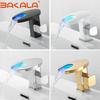 BAKALA Messing-Wasserfall-LED-Waschtischarmatur für Badezimmer, Kalt-/Warmmischarmatur, Kran-Waschtischarmatur, schwarzer Farbwechsel, angetrieben durch Wasserfluss
