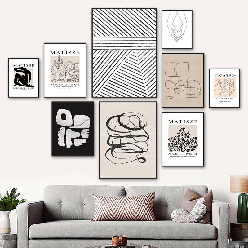Nordic Abstract Geometry Pattern Canvas Painting Black Beige Wall Art Pictures Print Matisse Line Woman Poster Modern Home Decor