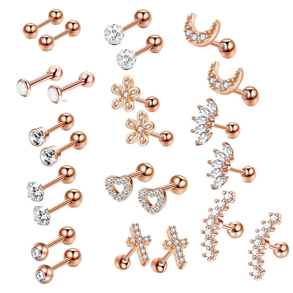 Stainless Steel Zirconia Threaded Ear Studs and Stainless Steel Piercing Ear Bone Pins Set