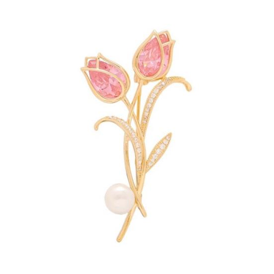 Брошь Стразы Инкрустация Имитация Жемчуга Декор Сверкающий Дизайн Тюльпан Булавка для Лацкана Нескользящая