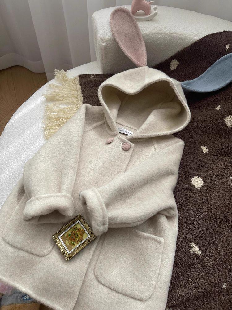 2025 Frühling/Herbst Mädchen Verdickter Wollmantel - Niedliches Hasendesign