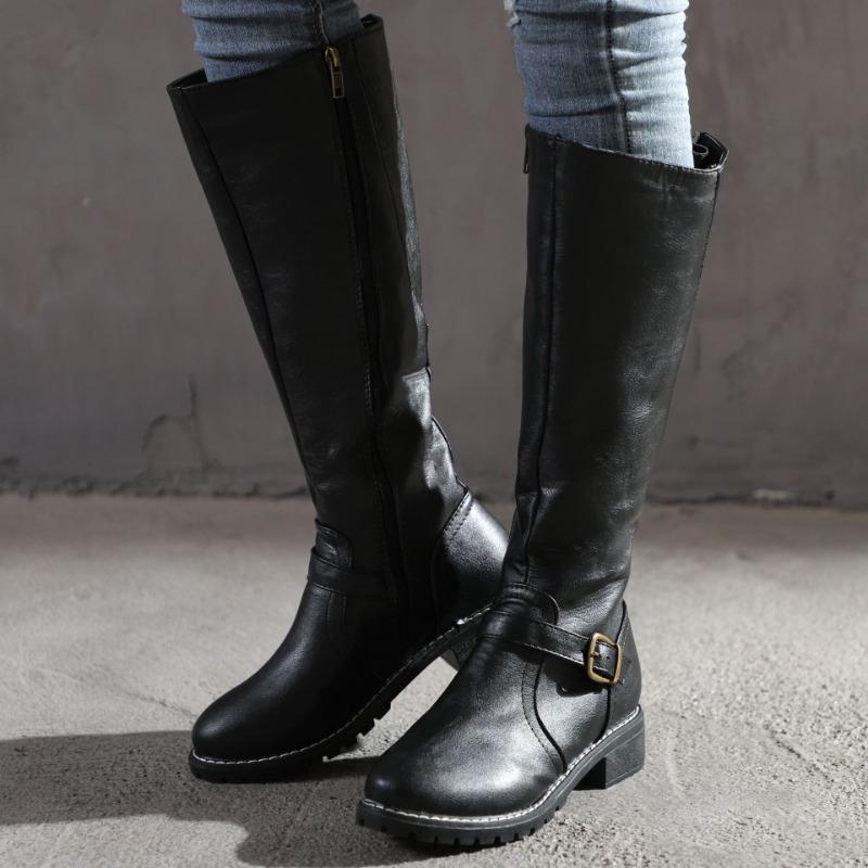 Large Size Hot Sale Autumn and Winter New Women's Boots Belt Buckle Side Zipper Square Heel Flat Bottom Tall Tube