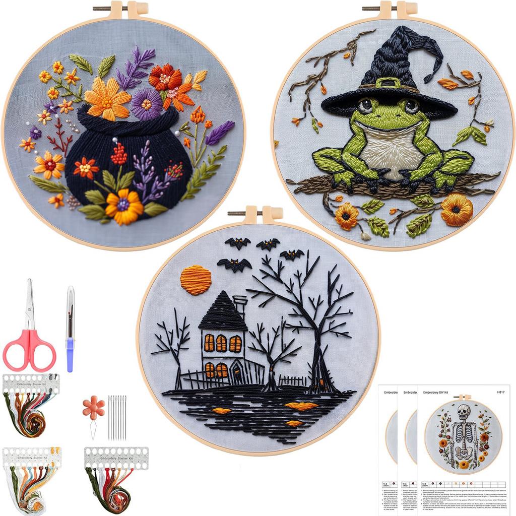 4pcs Stamped Cross Stitch Kits with Embroidery Hoop Needles Threads Instruction Cross Stitch Starter Kit with Halloween Patterns