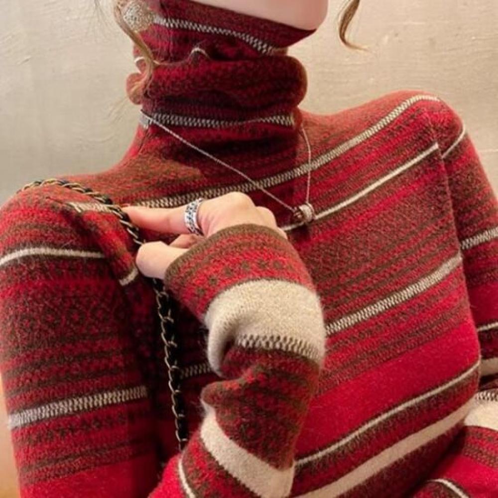 Navava Mock Neck Long Sleeve Knit Top Retro Stripe Pattern Nk2690