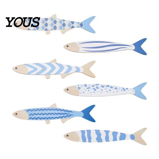 Decorative Fish Scale Wall Hangings 6Pcs/Set Wooden Decor, Beach House Decoration, Blue And White Wood Ornaments Coastal Art for Home Living