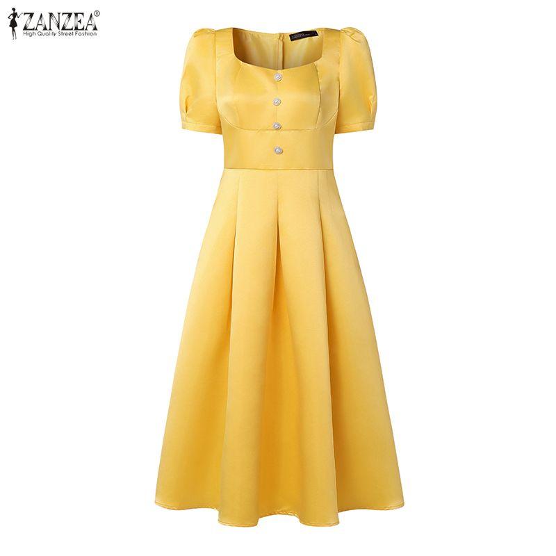 ZANZEA Damska swobodna sukienka z kwadratowym kołnierzykiem i krótkim rękawem na lato