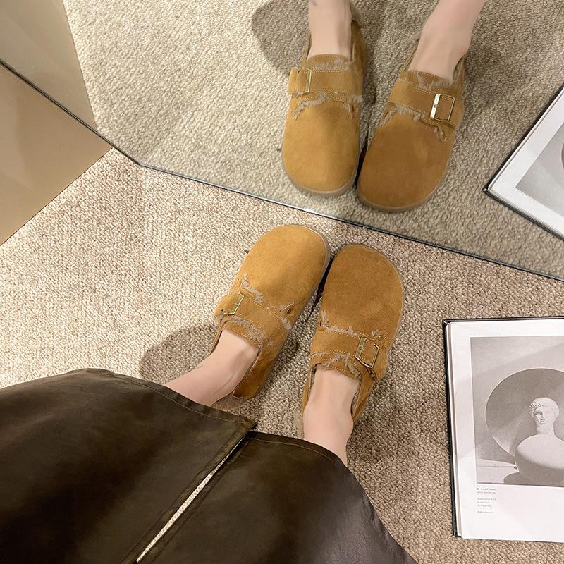 Boken shoes women's 2025 autumn and winter new one-pedal versatile Doudou shoes flat-soled ugly cute velvet thickened warm cotton shoes