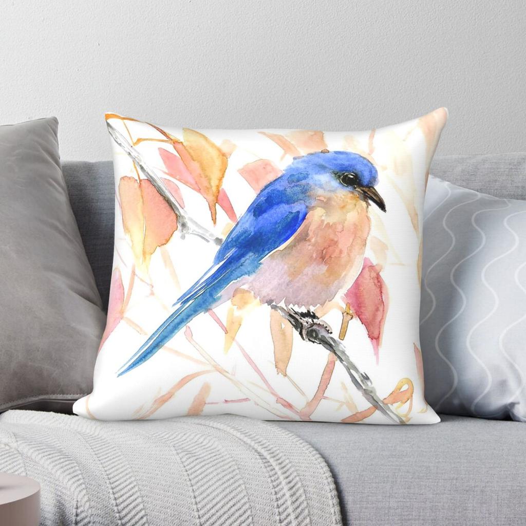 Bluebird In The Fall Square Pillowcase Polyester Linen Velvet Pattern Zip Decorative Bed Cushion Case x