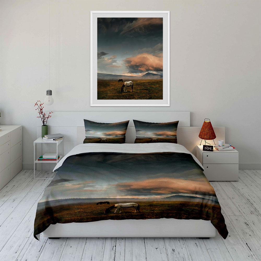 Horse Pasture Scenic Art Print 3Pc,Soft Comfortable Duvet Cover Bedding Set Included 1*Duvet Cover & 2*Pillowcases, Gift