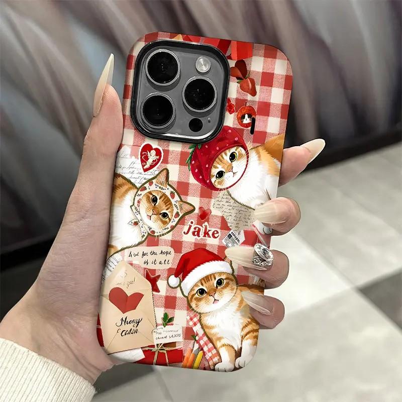 

Luxury Clmj Strawberry Cat Phone Case for iPhone 17 17e 16e 16 15 14 13 12 11 X XS XR XSMAX Air Pro Max Plus Double-layer iPhone 14