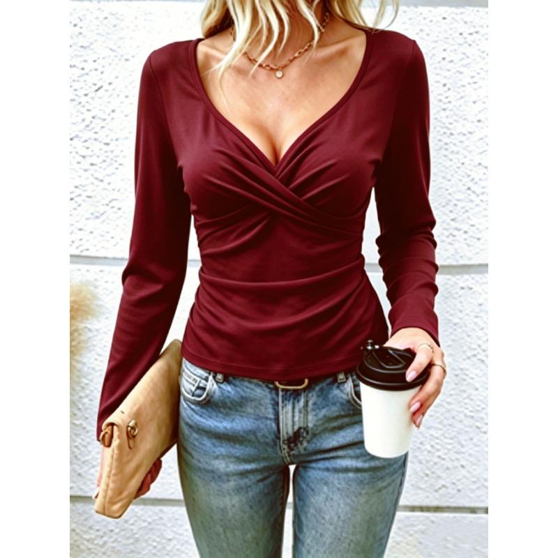 Damen S Langarm V-Ausschnitt Einfarbig Elegantes Oberteil