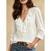 European and American Women's Clothing, New Long-sleeved V-neck Ruffle Edge Solid Color Temperament Elegant Slim-fitting Versatile Top