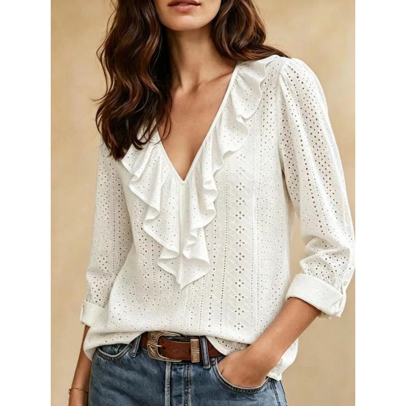 European and American Women's Clothing, New Long-sleeved V-neck Ruffle Edge Solid Color Temperament Elegant Slim-fitting Versatile Top