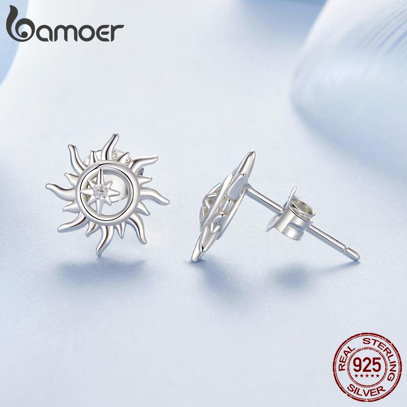 Bamoer Solid 925 Sterling Silver Chic Sun Stud Earrings Dainty Casual Earrings for Women Hypoallergenic Jewelry