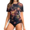 Women's Printingr Short-sleeved Sun Swimsuit Lightweight Adjustable Lace-up Swimsuit