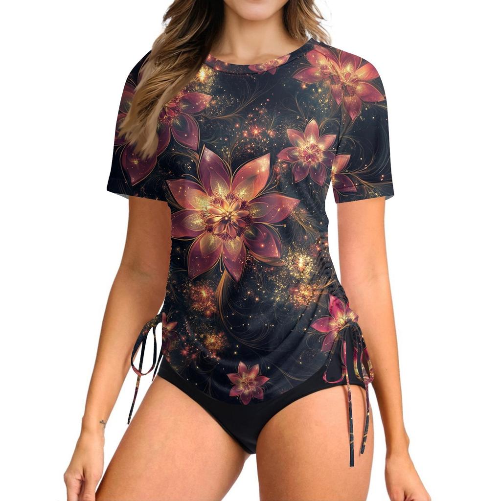 Women's Printingr Short-sleeved Sun Swimsuit Lightweight Adjustable Lace-up Swimsuit