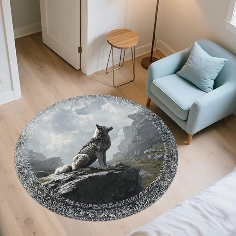 Grey Wolf pattern round rug,Carpet Rug for Living Room Bedroom Playroom ,Non-slip Floor Mat,Holiday Gifts and Birthday Gifts.