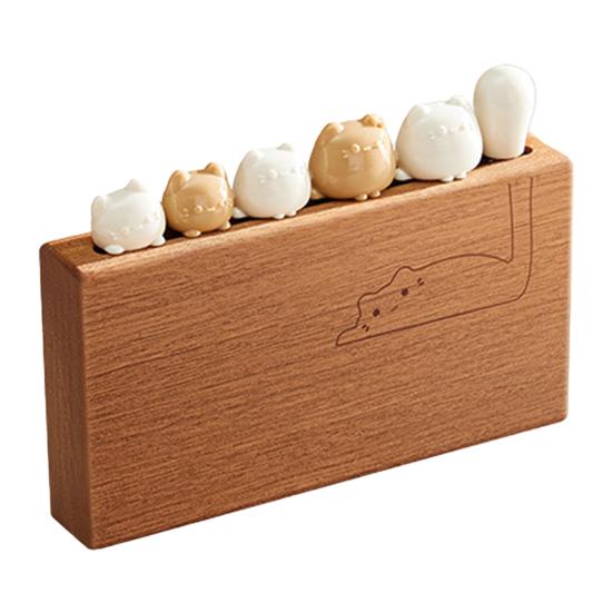 6Pcs Stainless Steel Fruit Forks Set with Wooden Storage Base Mini Dessert Appetizer Forks Cartoon Cat Fork Cute Table Decor for Home Party кофейный