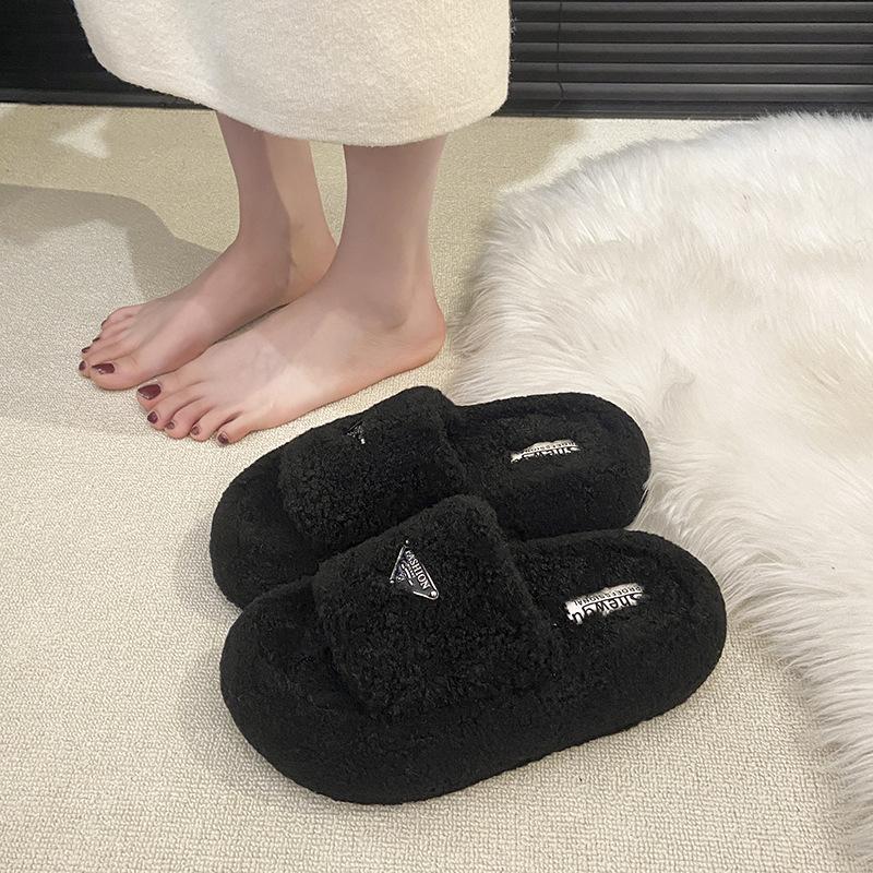 Mao Mao Slippers Women Wear Thick Soles To Increase the Height of Autumn and Winter Cotton Towing Home Light Luxury Inverted Triangle Explosion Plush