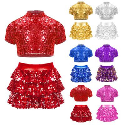 Top corto brillante de lentejuelas para niña, cuello alto, diseño de manga corta, shorts con falda de volantes escalonados, traje de porrista, danza jazz