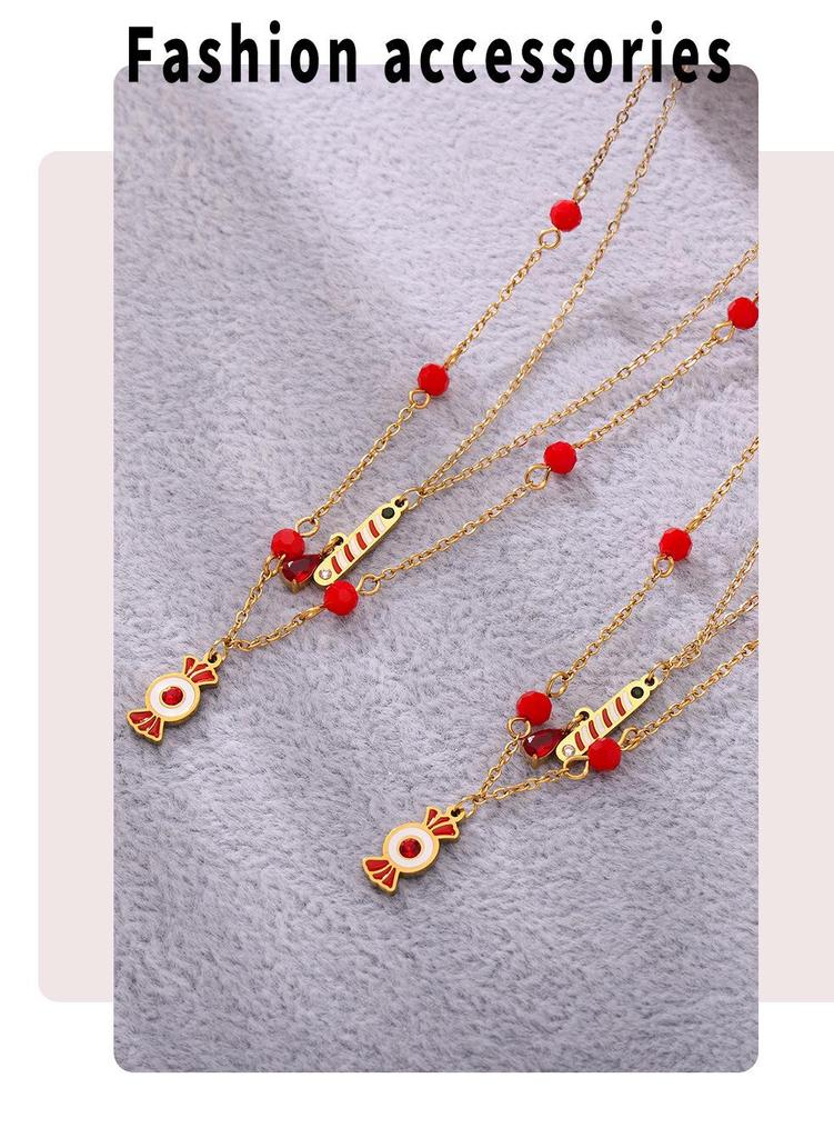 Qiong Yao Double Layer Garnet Jewelry Set: Necklace, Bracelet, Asymmetrical Earrings