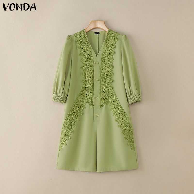 VONDA Summer Women Casual V Collar Half Sleeve Lace Crochet Patchwork Jumpsuits