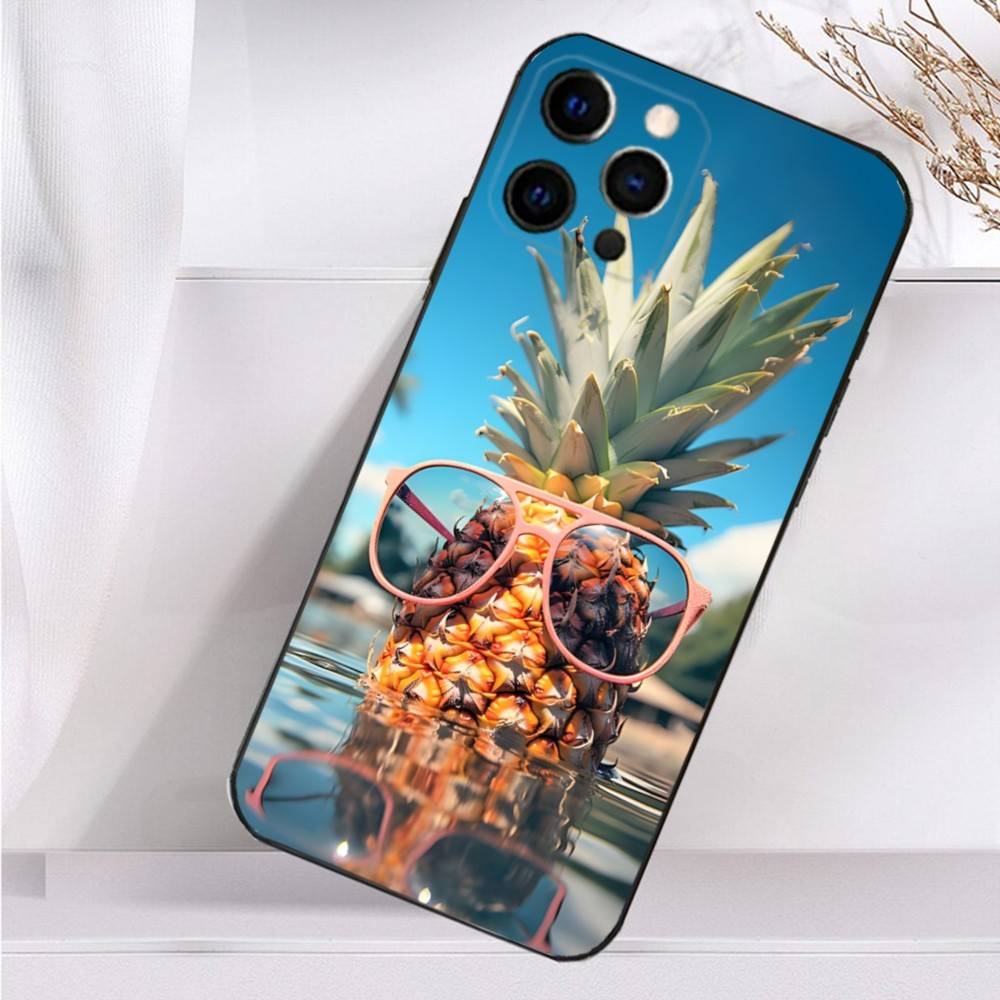 Cute Pineapple Fruit Art  Case For iPhone 16,15,17,14,13,12,11 Plus,Pro Max,XS,X,XR,SE,Mini,8,7 Soft Silicone Black Cover