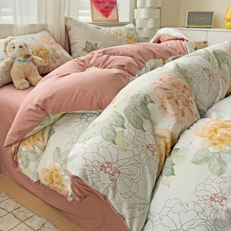 Class A Maternal And Infant Grade Bubble Cotton Bed Four-Piece Set Washed Cotton Bed Sheet Quilt Cover Bed Hat Student Dormitory 3Pcs Set