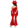 Kids Girls Jazz Disco Dance Jumpsuit Sleeveless One Shoulder Sequins Tassels High Waist Flared with Gloves and Fedora Hat for Banquet Pageant Party