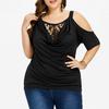 Fashion Womens Plus Size Lace Solid Cold Shoulder Cowl Neck T-shirt Tops Blouse