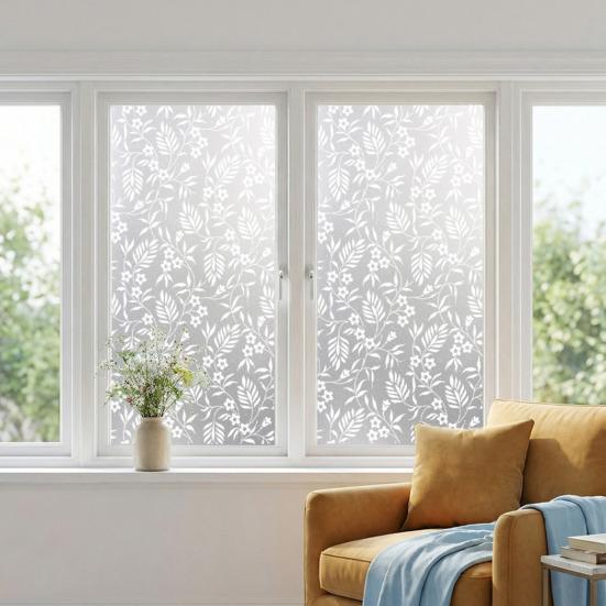 Floral Window Privacy Film Waterproof Frosted Static Cling Non-Adhesive Glass Door Privacy Film for Bathroom Bedroom Kitchen