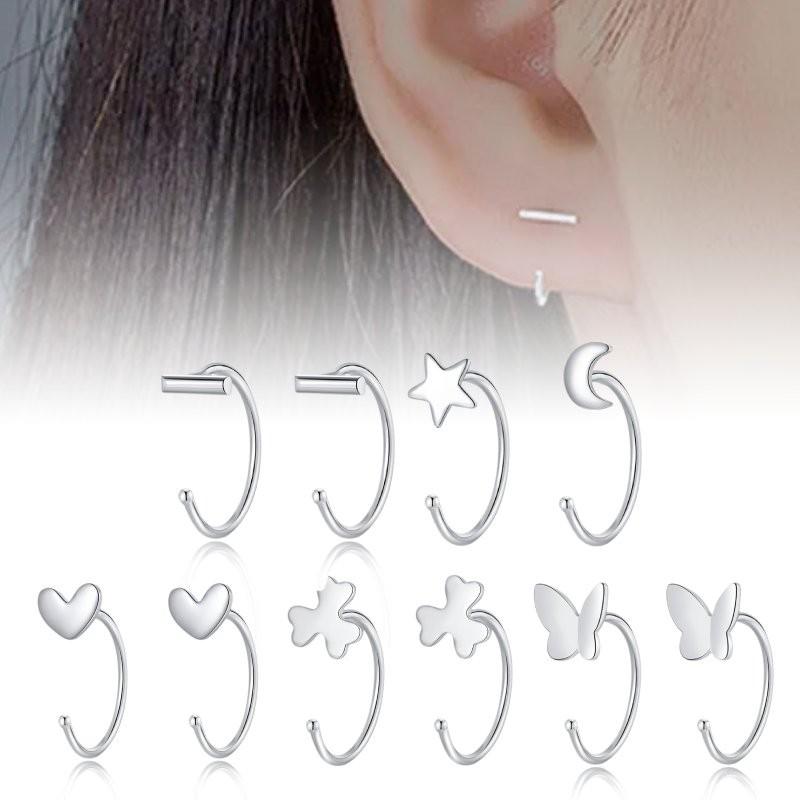 Earrings Silver Women Heart Flower Star Moon Butterfly Shape Decoration Stud