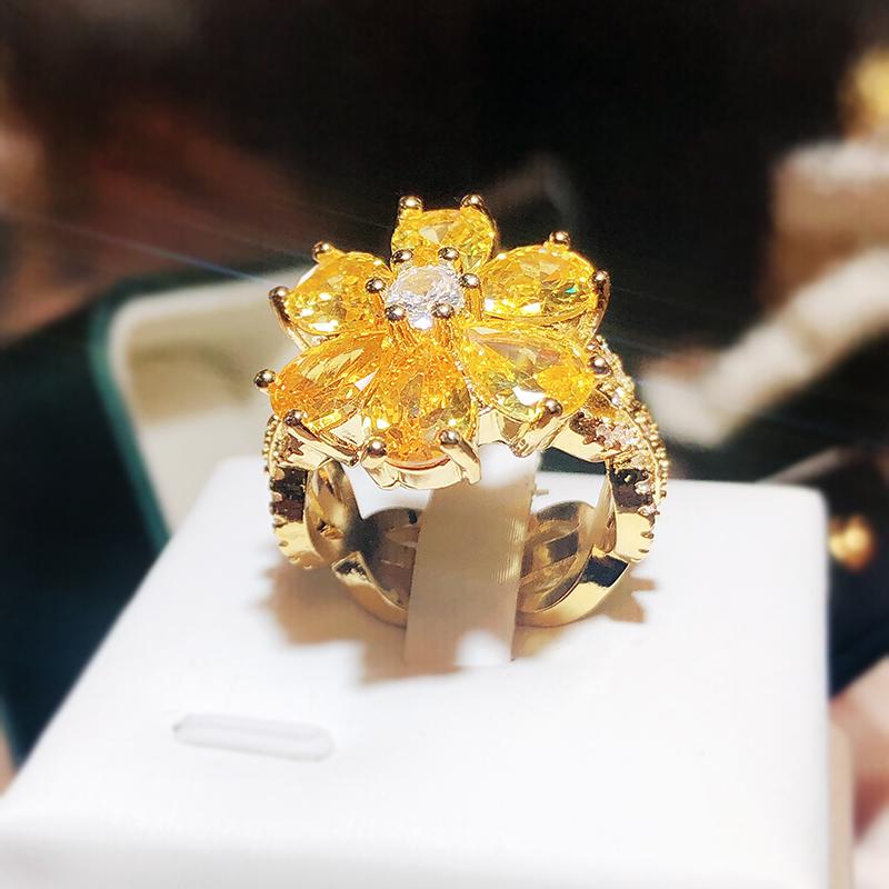 

Новое женское кольцо с блестящими желтыми цветами циркония, красивое посеребренное украшение для вечеринки, кольцо с цветком персика, подарок на годовщину 9 золотой