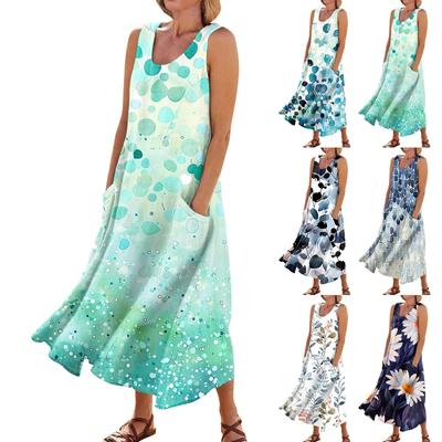 Sleeveless Dress For Women Women's Summer Casual Fashion Printed Sleeveless Round Neck Pocket Dress