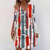 Women's Long-sleeved Casual Midi Dresses V-Neck Print  Casual Dress