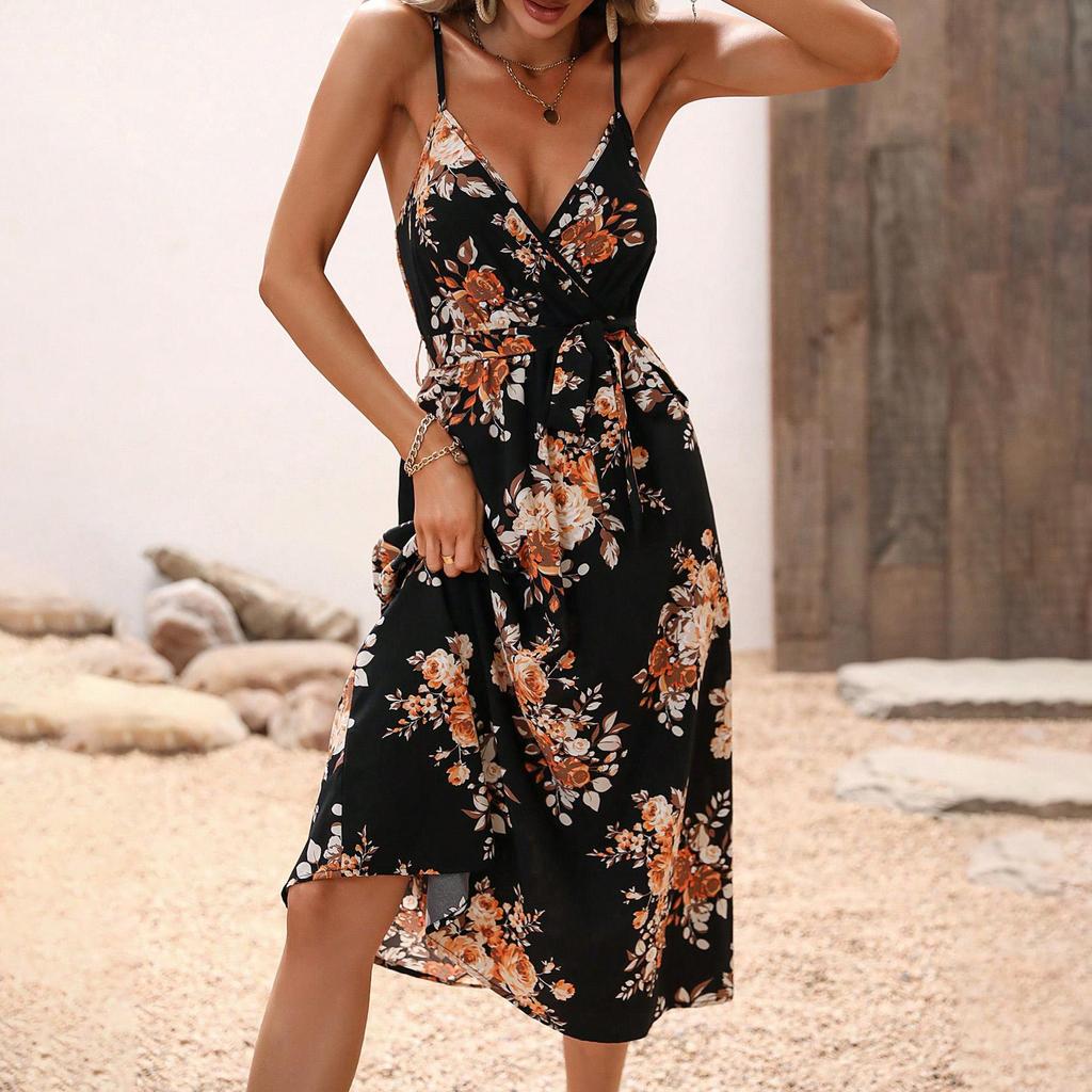 Women's Summer Ethnic Printed Short Sleeveless High Waist A Line Lace Up Dress