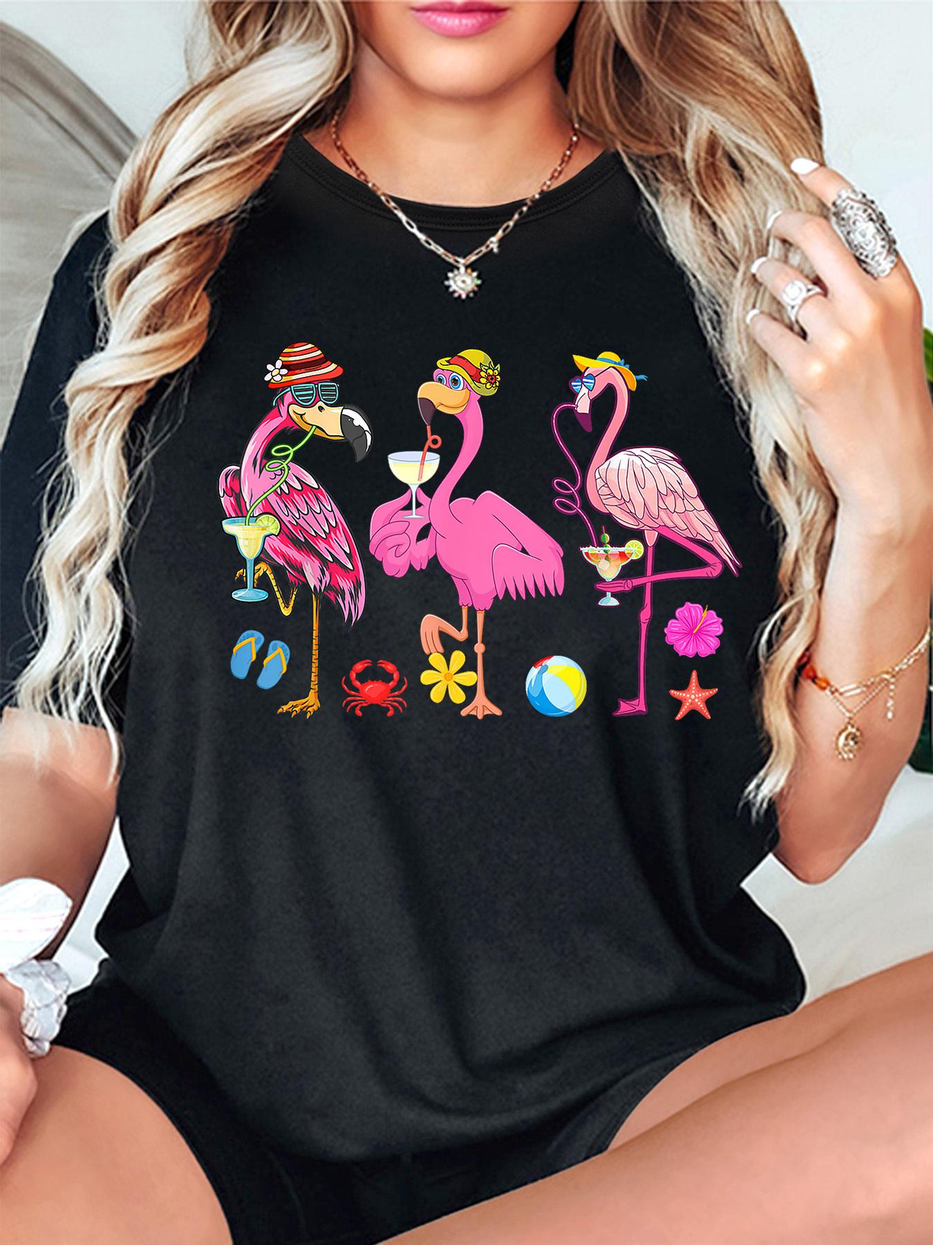 

Three Wearing Hats Split Flamingo Print T-shirt Casual Round Neck Short Sleeve Top Spring/Summer Style Women s Clothing 4XL