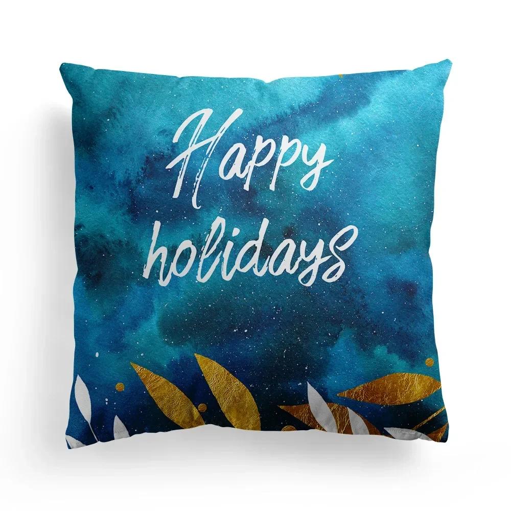 Christmas Western Blue Watercolor Elk Throw Pillow Cover With Short Plush Print For Living Room Sofa Decoration Cushion Cover