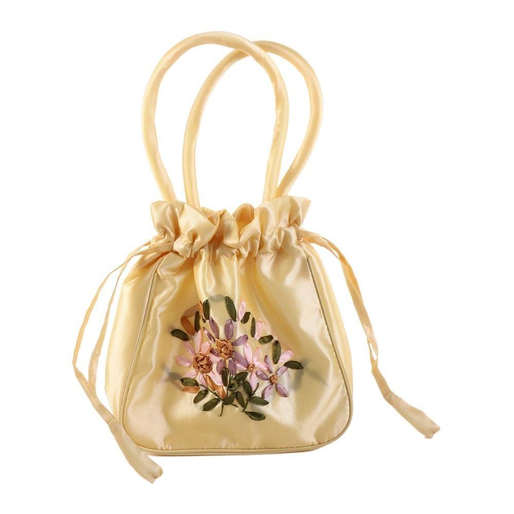 Satin Silk Hanfu Drawstrings Bag Leaf Small Purse Wallet Fashion Embroidery Flower Handbag Daily