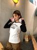 2026 Spring/Summer Women's Black & White Patchwork Raglan Long Sleeve Tee - American Style Print, Loose Fit, Color Block Trendy Top