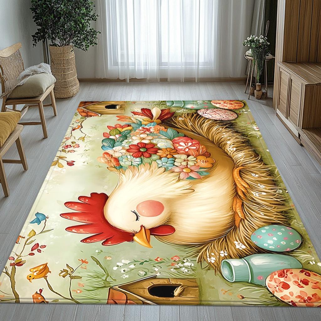 Cute Chicken Floral Design Crystal Velvet Rug Living Room Decor Easter Theme Home Decoration Soft Floor Mat Cozy Family Space