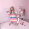 Women's Round Neck Long Sleeve Striped Sweatshirt Loose Fit Casual Top Rainbow Stripe Oversized Autumn Layering Pullover
